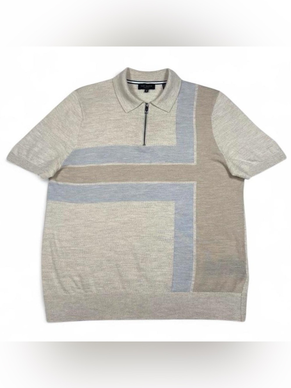 NWOT! Ted Baker Wool Zip Neck Beige Color Block Polo Shirt Men’s Size M Golf